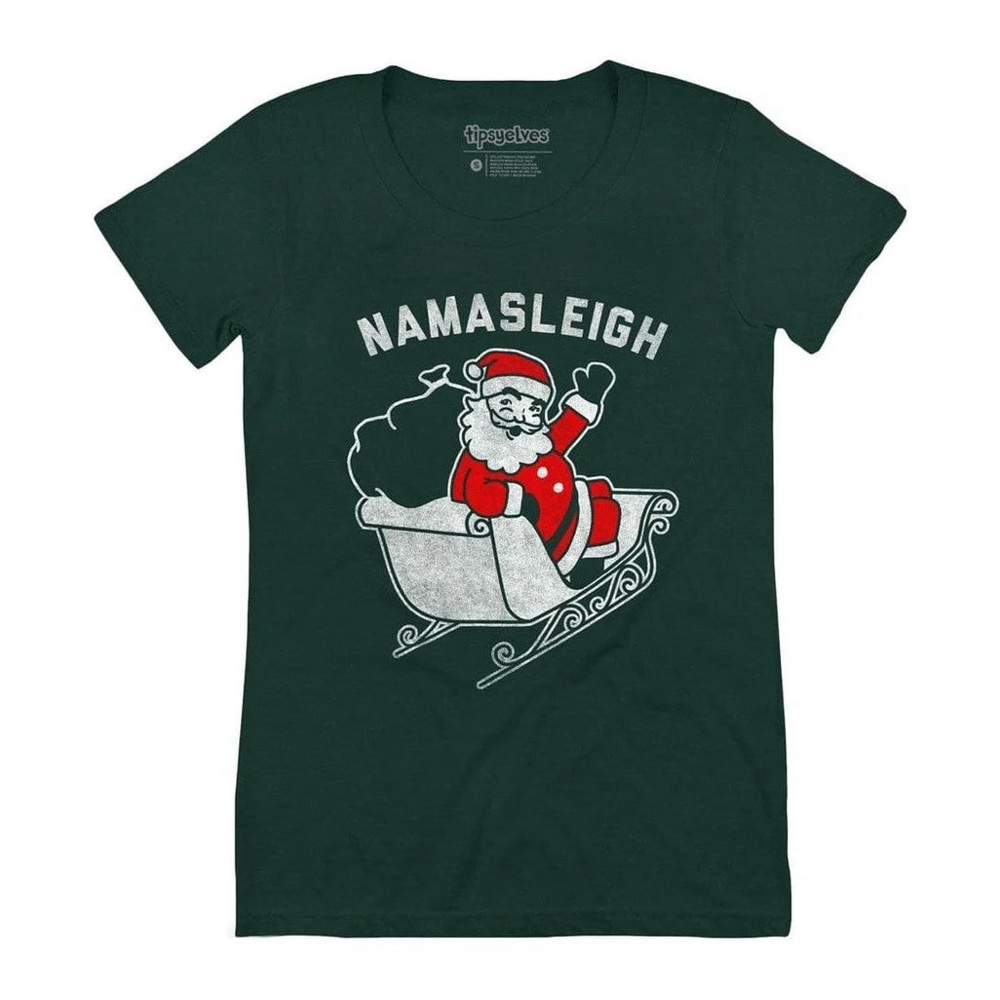 NWT Tipsy Elves Namasleigh Tee M Dark Green Holidays Festive Yoga Christmas